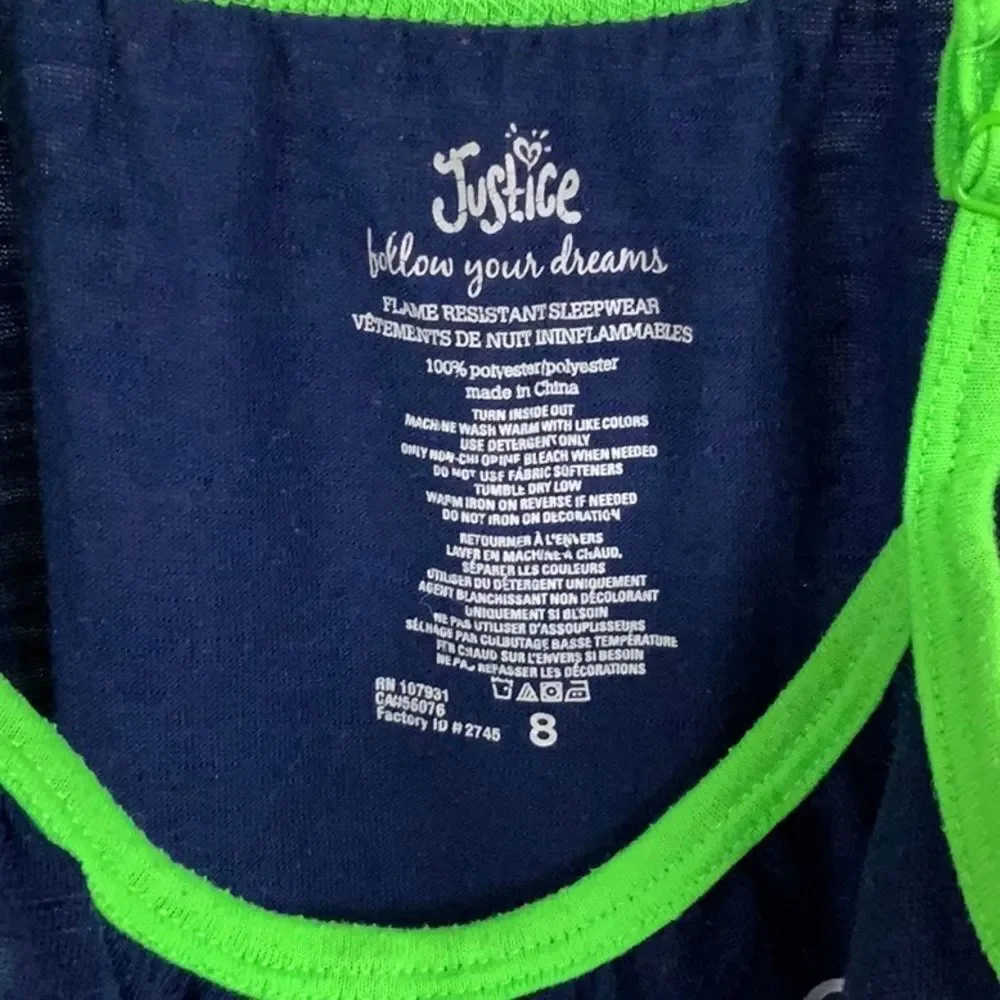 Justice 2pc Night Owl Pajama Set Girls Size 8 Navy Top Neon Green Plaid Short PJ
